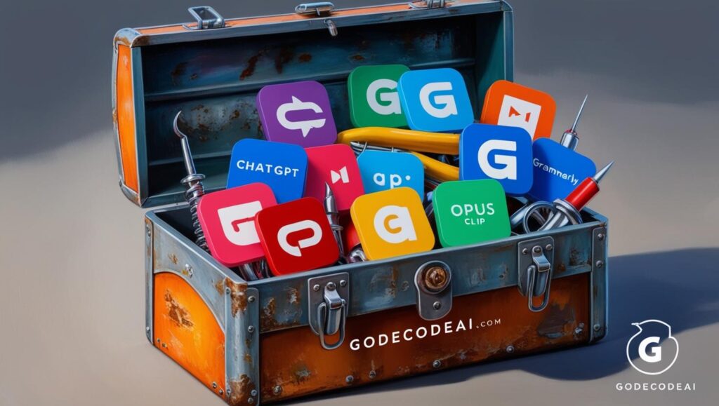 A toolbox with AI icons labeled “ChatGPT,” “Grammarly,” “Opus Clip,” etc
