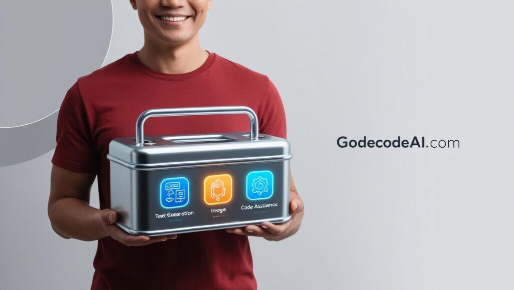 A user holding a toolbox with icons for the 3 AIs—each labeled by use case