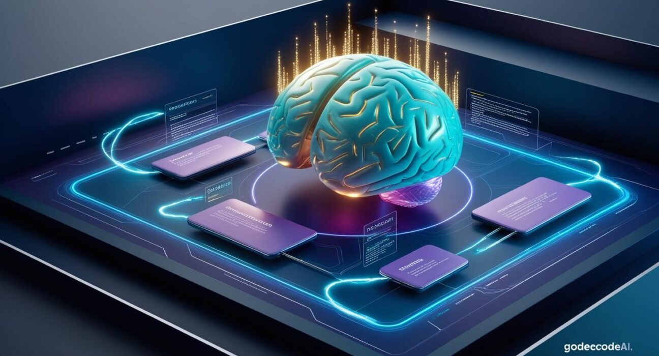 AI brain hovering over a website with optimization elements like keywords