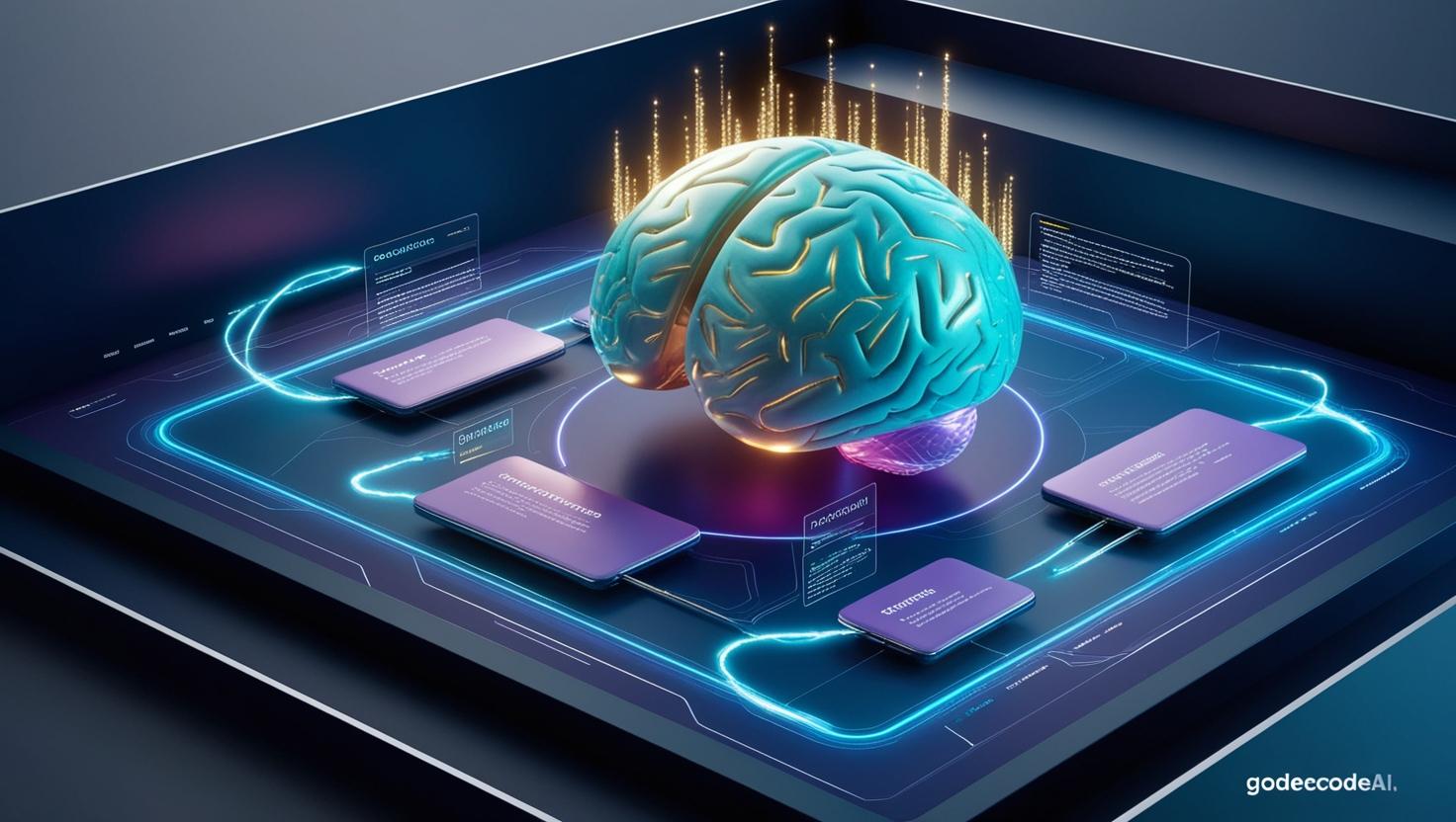 AI brain hovering over a website with optimization elements like keywords