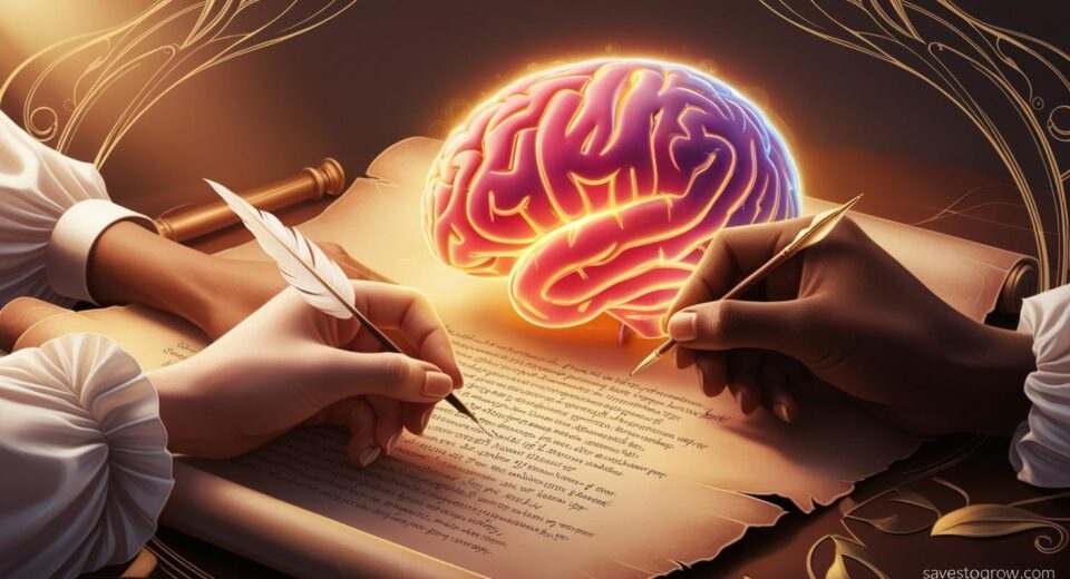 AI brain intertwined with human hands holding a quill, writing a poem together