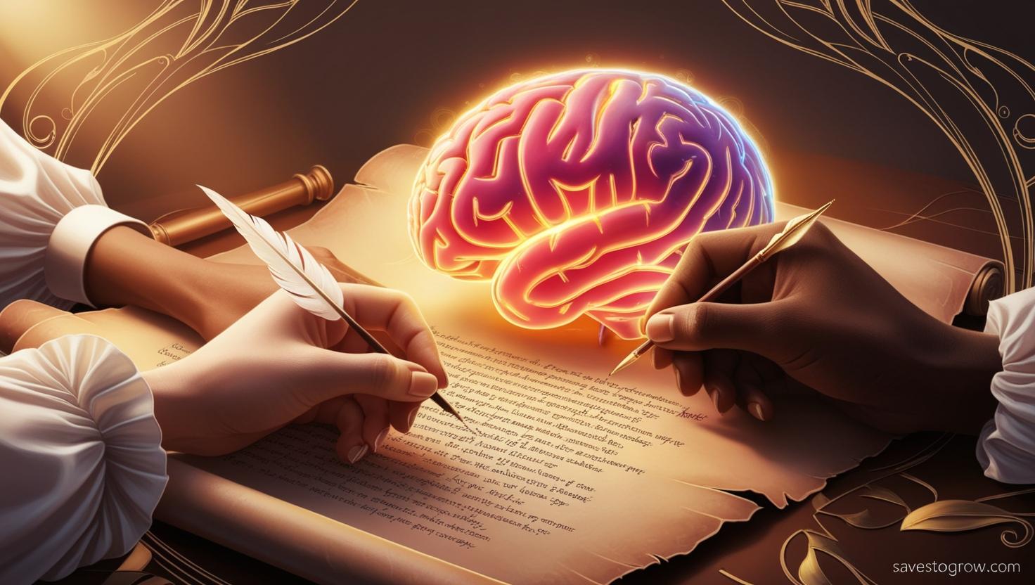 AI brain intertwined with human hands holding a quill, writing a poem together