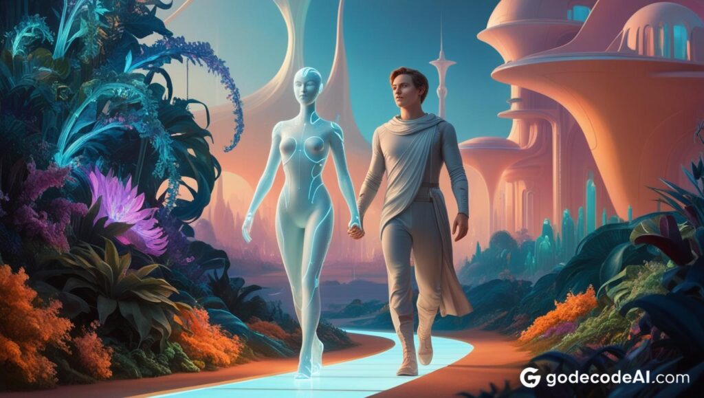 AI companion walking beside a human through a digital dreamscap