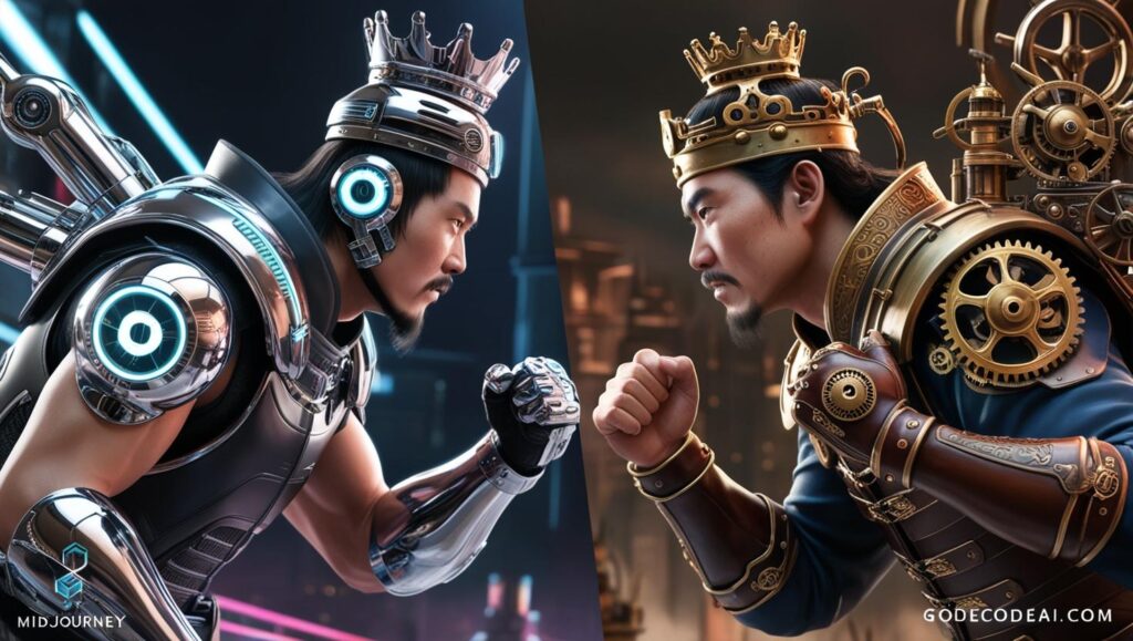 AI generated kings—one cyberpunk (MidJourney), one steampunk (Stable Diffusion)