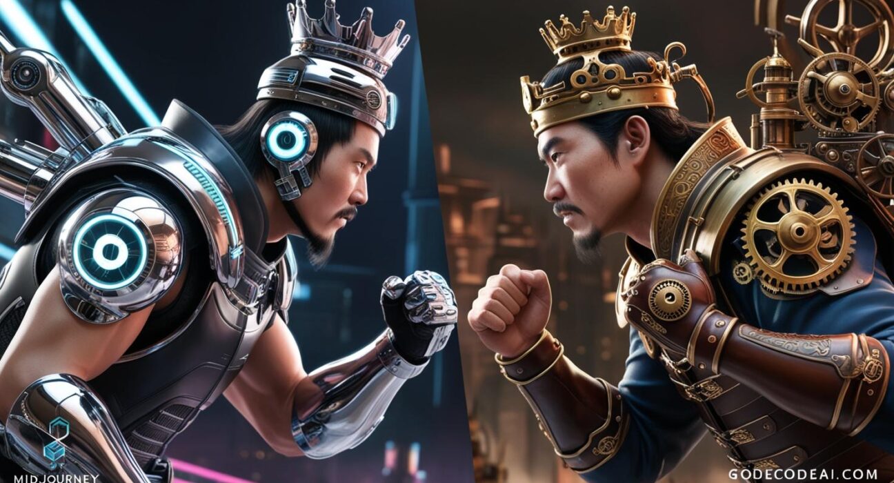 AI generated kings—one cyberpunk (MidJourney), one steampunk (Stable Diffusion)