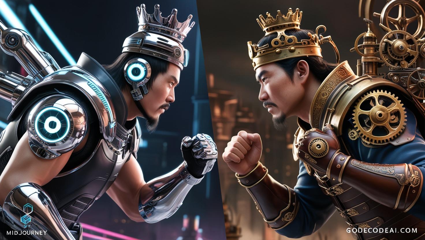 AI generated kings—one cyberpunk (MidJourney), one steampunk (Stable Diffusion)