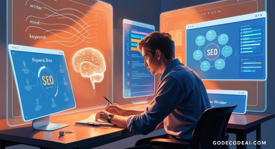 AI tools assisting a writer in brainstorming ideas or enhancing SEO optimization