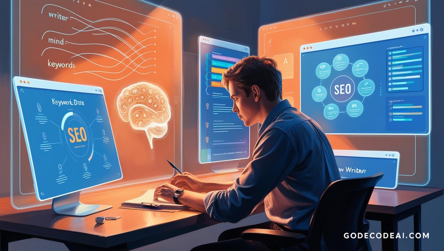 AI tools assisting a writer in brainstorming ideas or enhancing SEO optimization