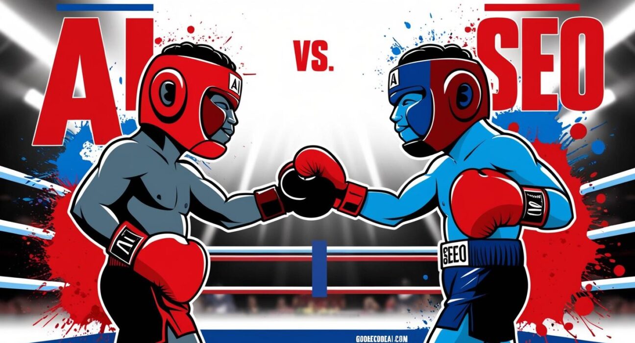 “AI vs SEO” boxing match poster—but with a handshake in the middle