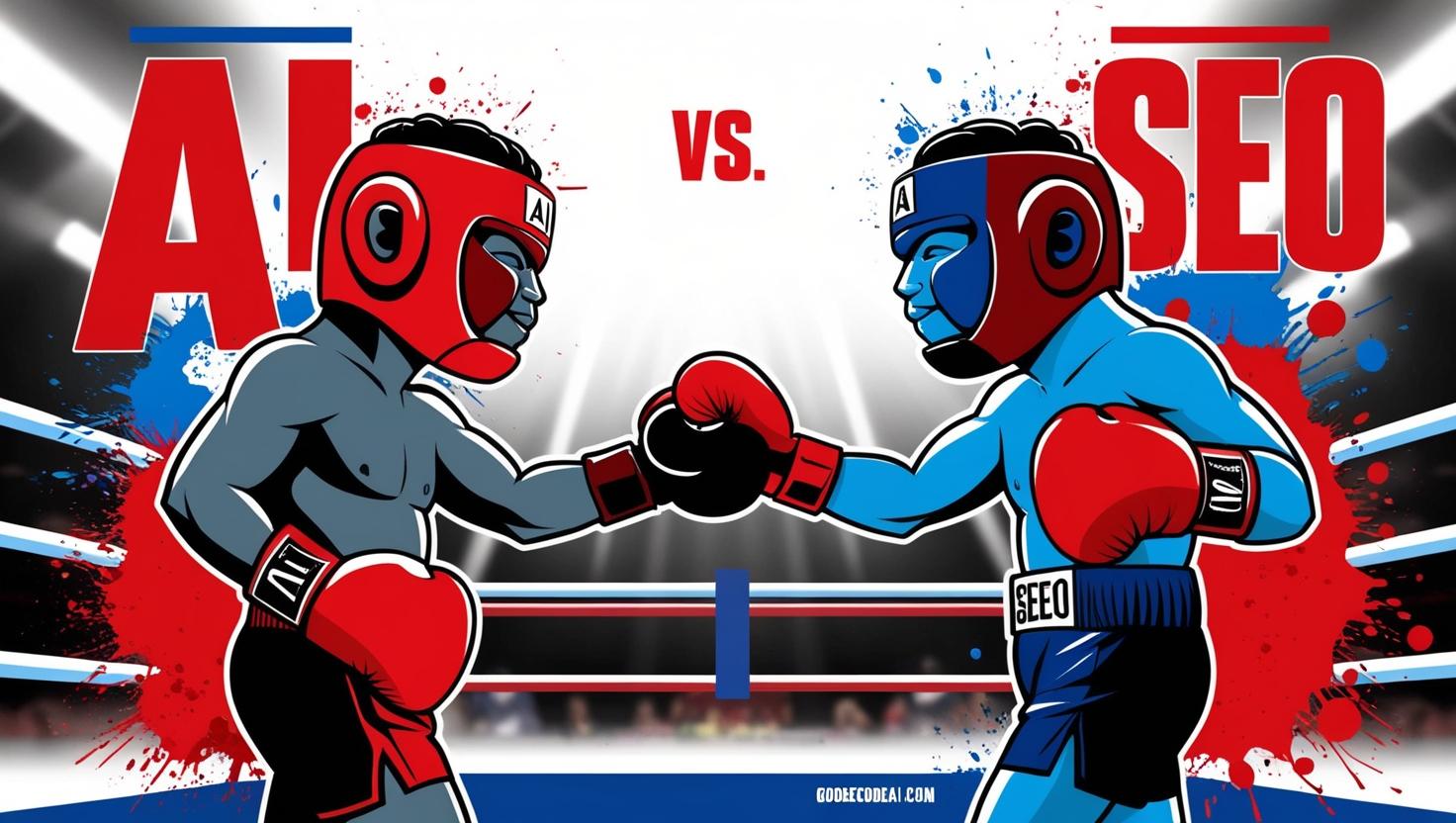 “AI vs SEO” boxing match poster—but with a handshake in the middle