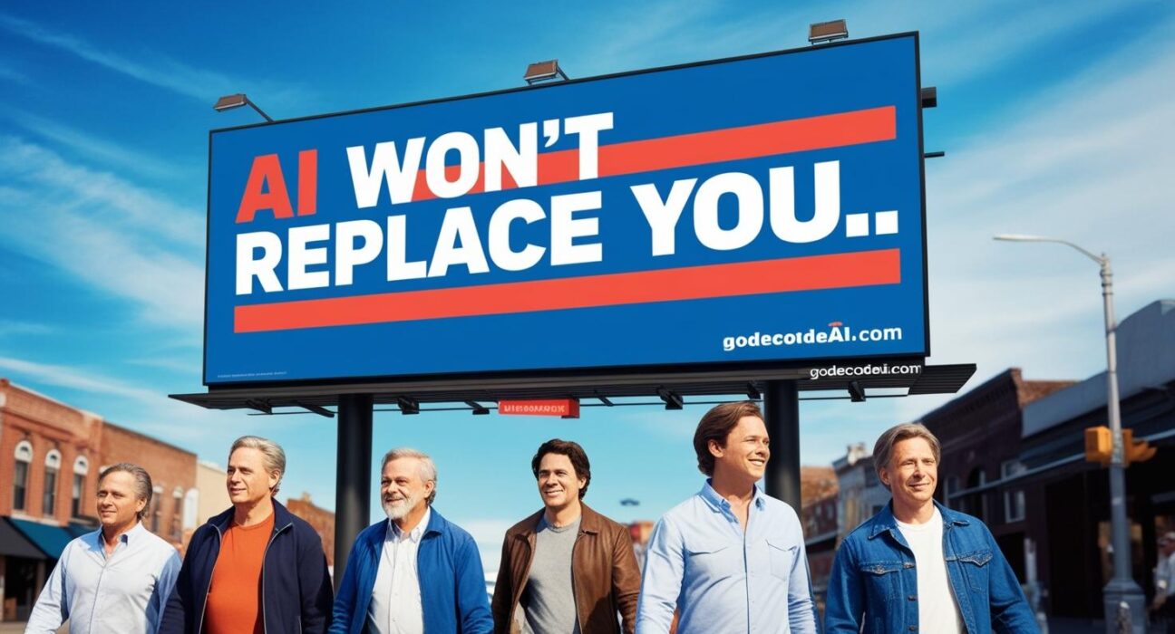“AI won’t replace you…” quote on a billboard with people walking below