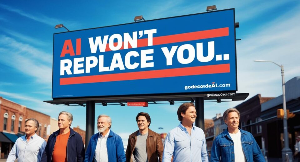 “AI won’t replace you…” quote on a billboard with people walking below