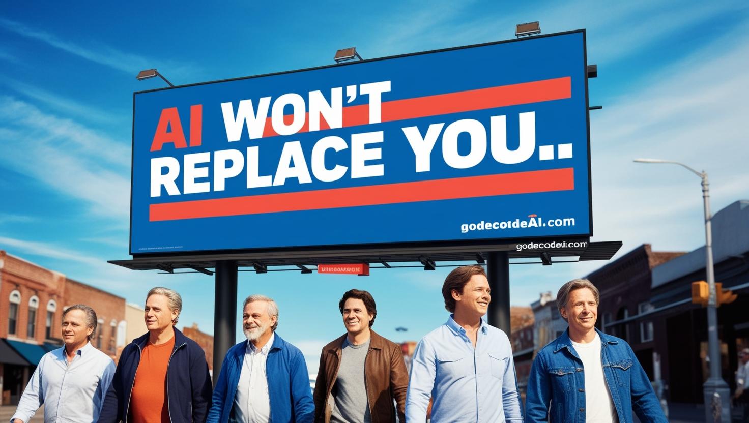 “AI won’t replace you…” quote on a billboard with people walking below