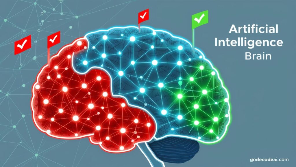 An AI brain filled with red flags and green checks (bias vs. fairness)