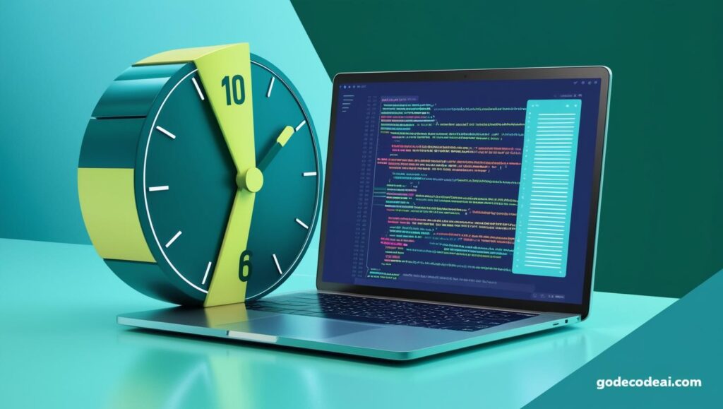 Build in 10 Minutes” Timer Graphic Countdown clock next to a laptop running code