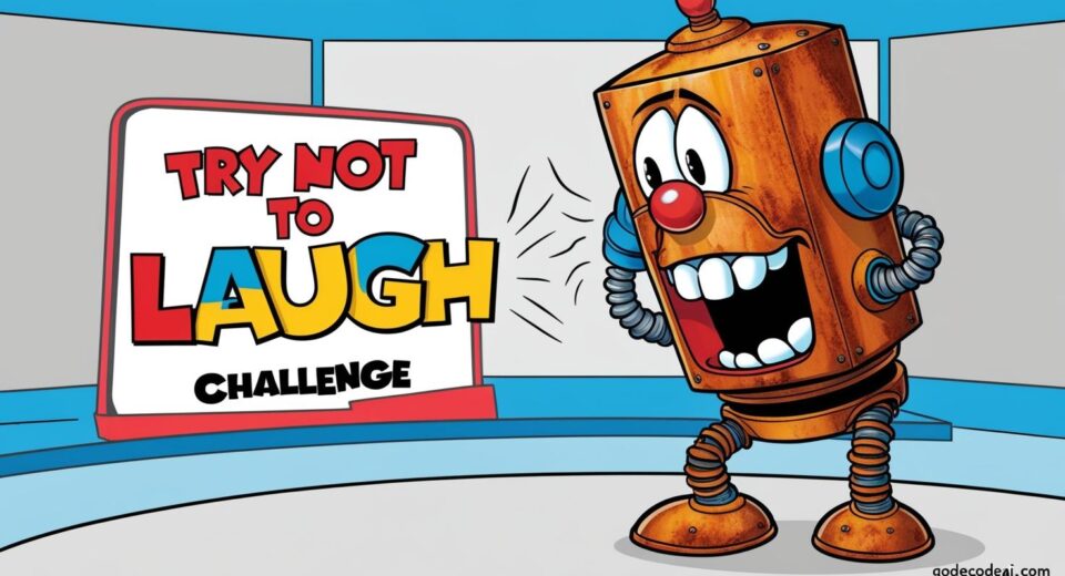 Cartoon of a robot failing a “try not to laugh” challenge