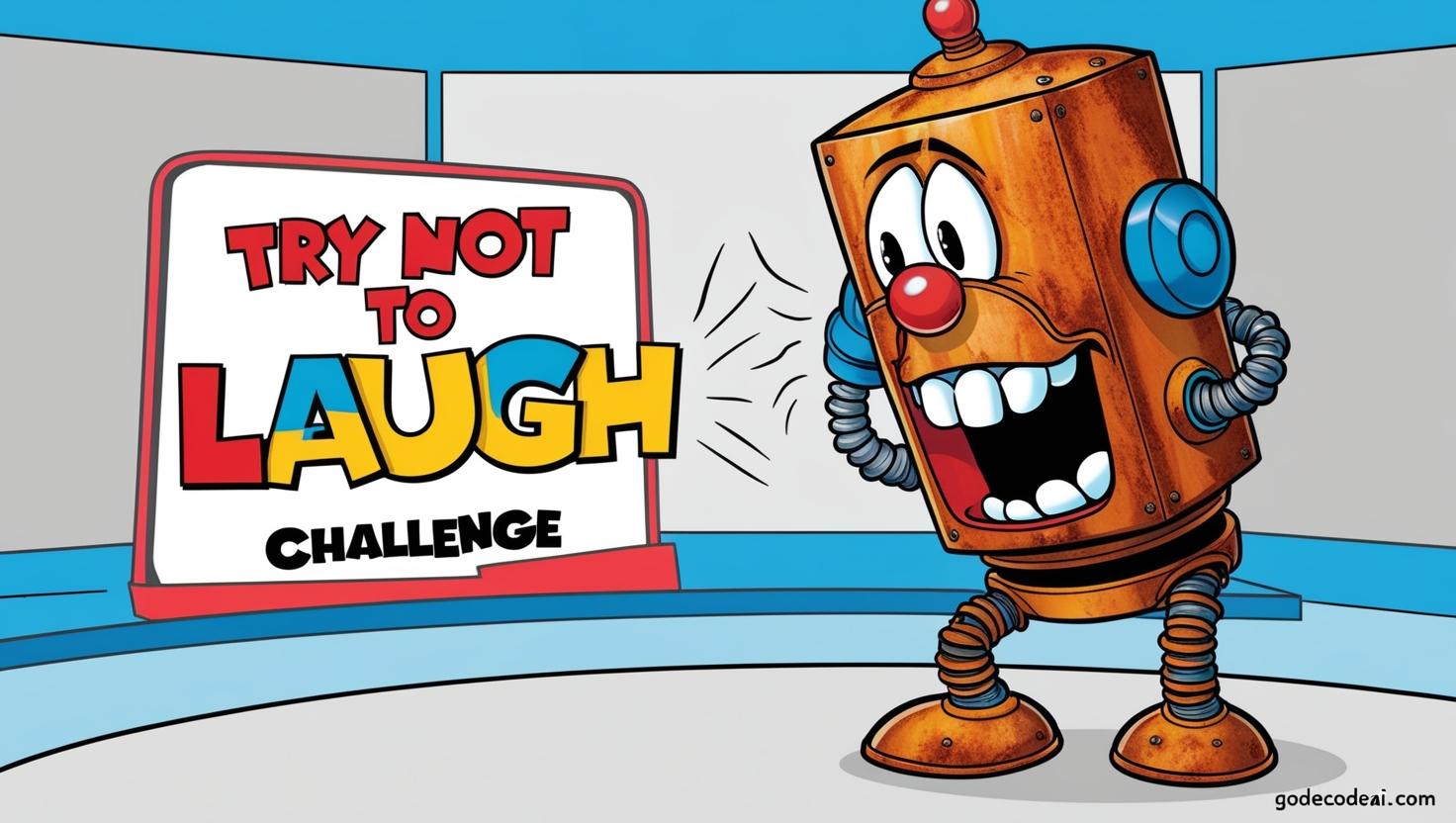 Cartoon of a robot failing a “try not to laugh” challenge