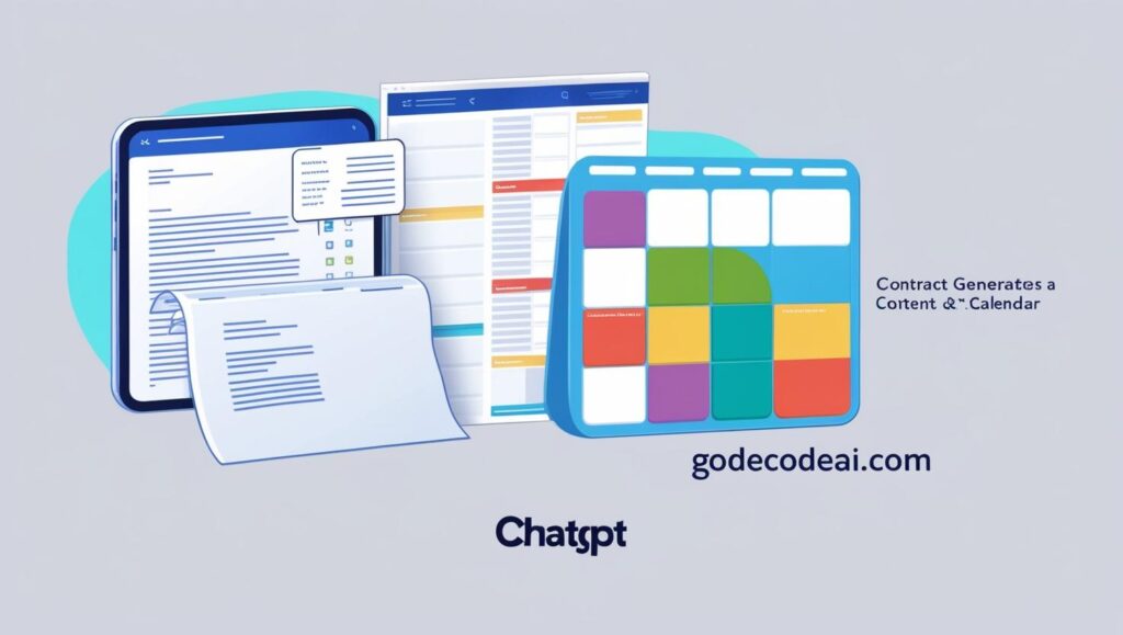 ChatGPT screen generating a contract, a content calendar, and a logo simultaneously