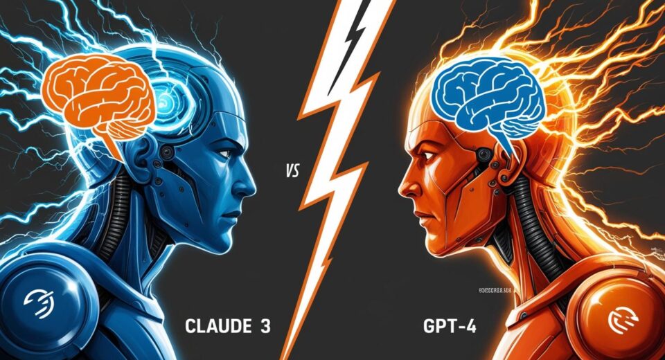 Claude 3 and GPT 4—split screen style with lightning and brain icons