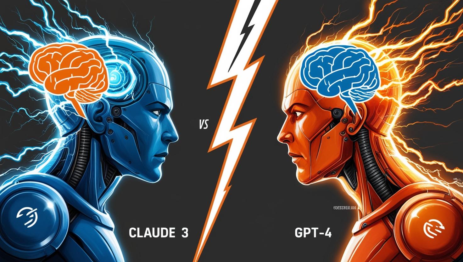 Claude 3 and GPT 4—split screen style with lightning and brain icons