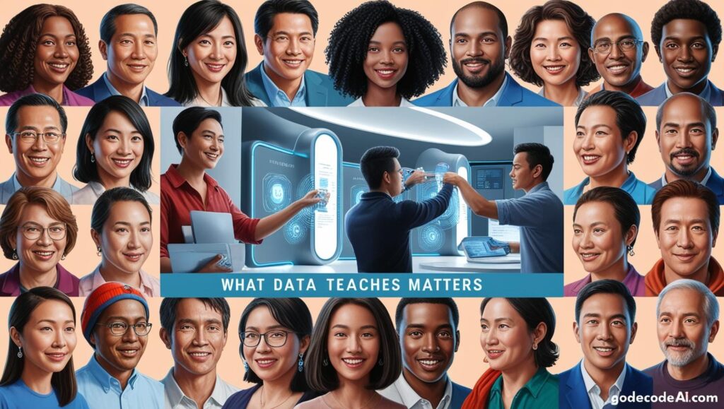 Diverse human faces feeding into an AI system—caption “What data teaches matters