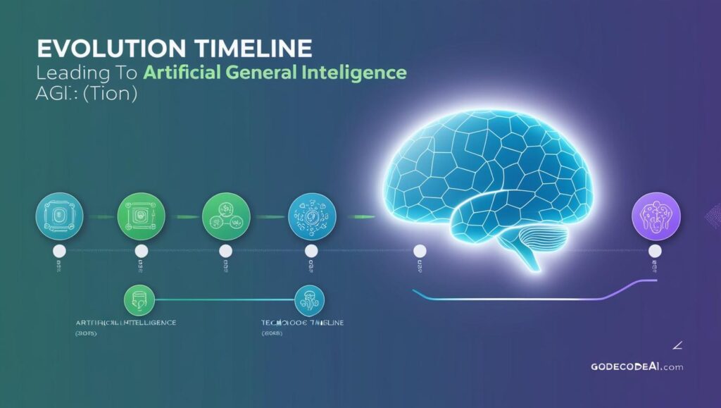 “Evolution timeline ending with AGI—a glowing digital brain
