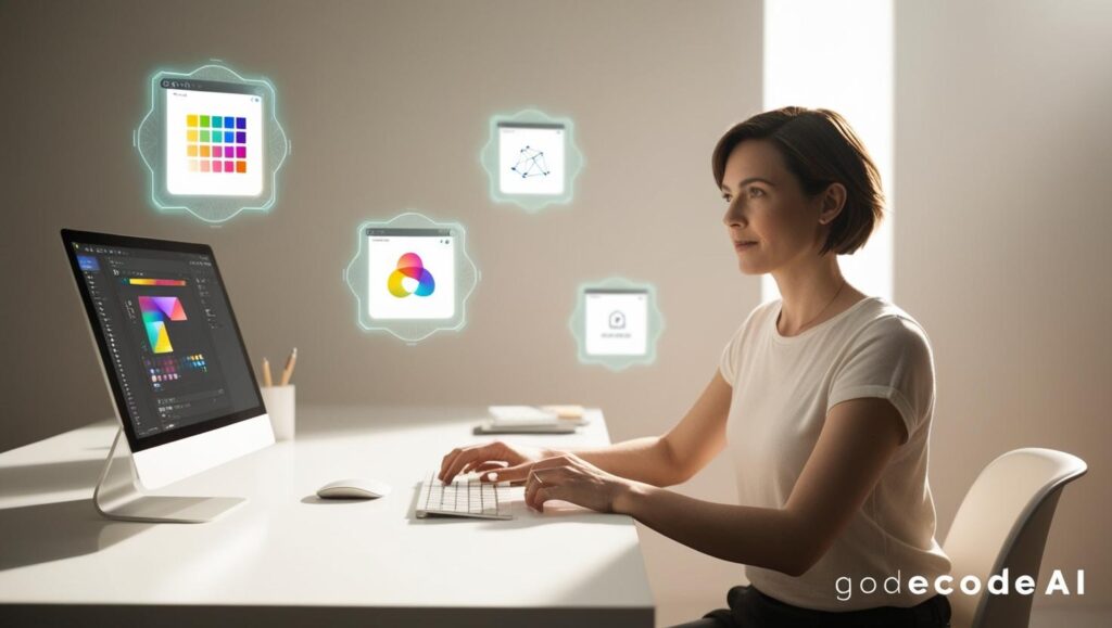 Freelancer sitting at a desk with multiple AI tools floating around them