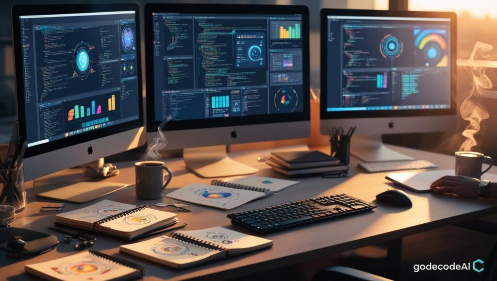 Freelancer’s desk with multiple AI tools open