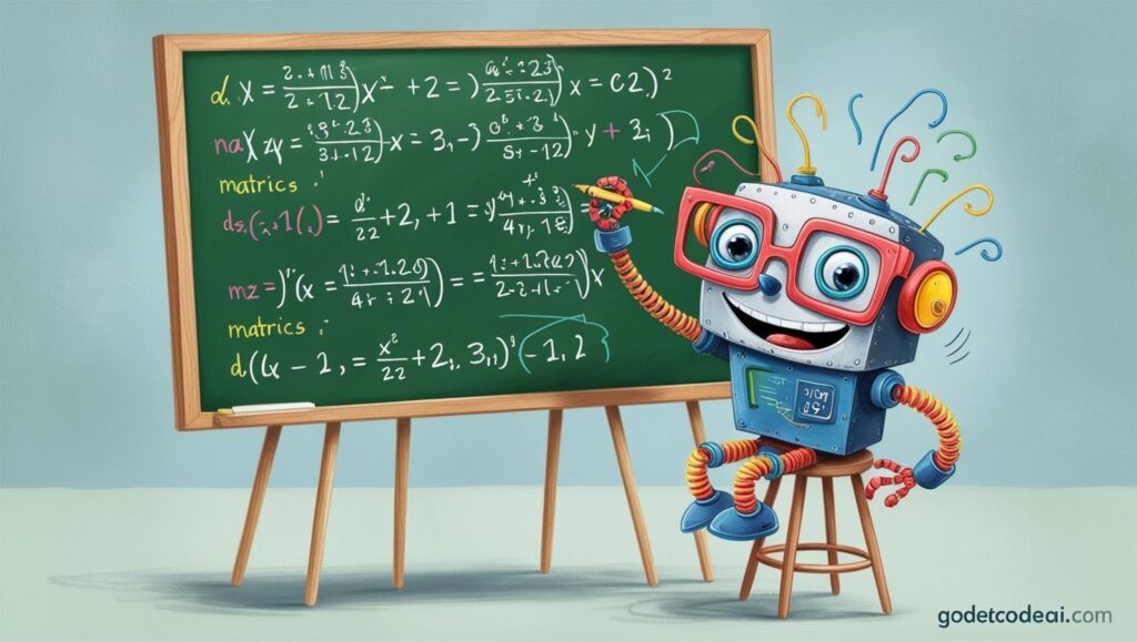 “Funny robot doing math with matrix chalkboard