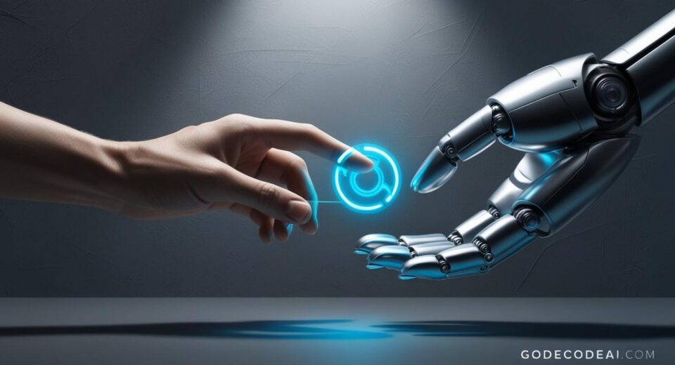 “Human hand passing a vector to a robot hand — concept art