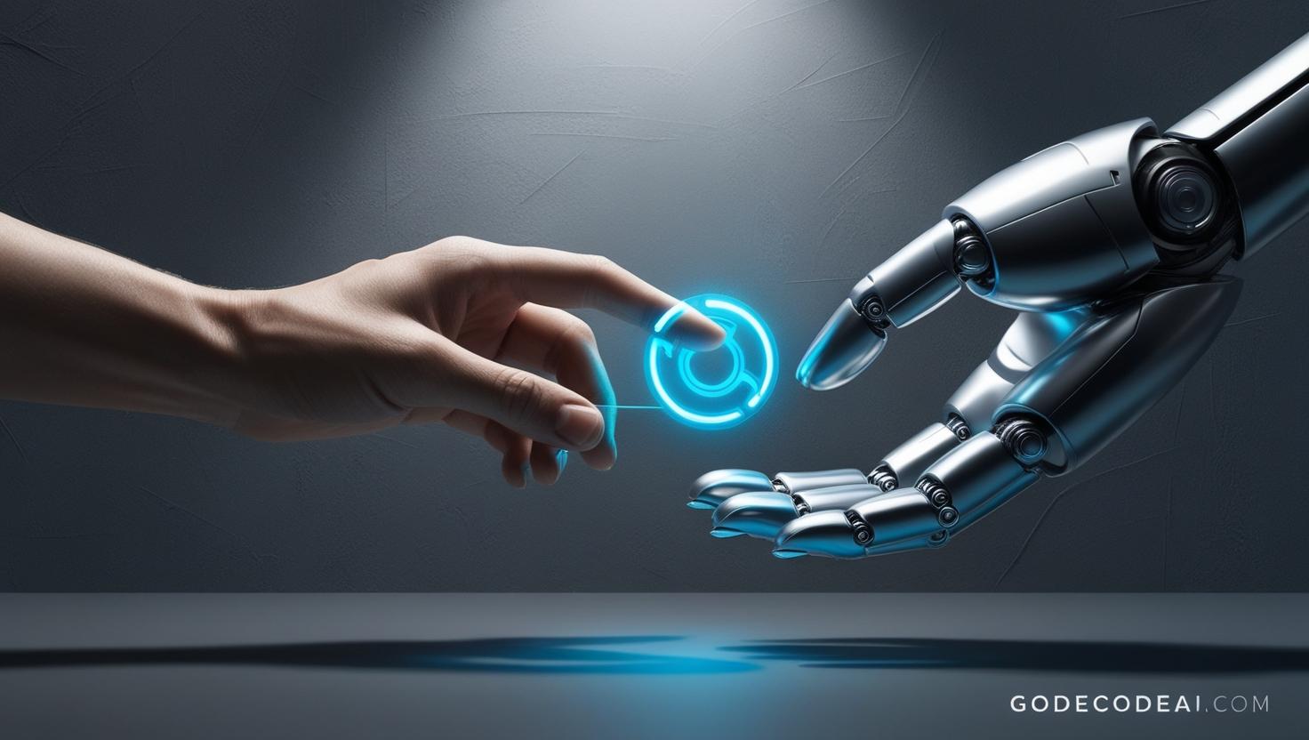 “Human hand passing a vector to a robot hand — concept art