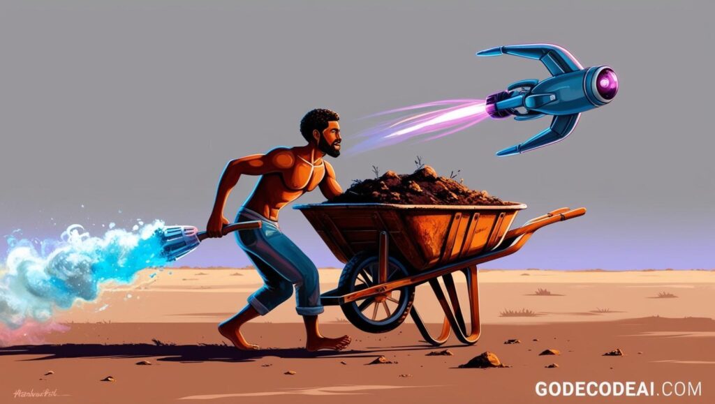 Metaphor one person with a wheelbarrow vs. another with a jetpack (AI)