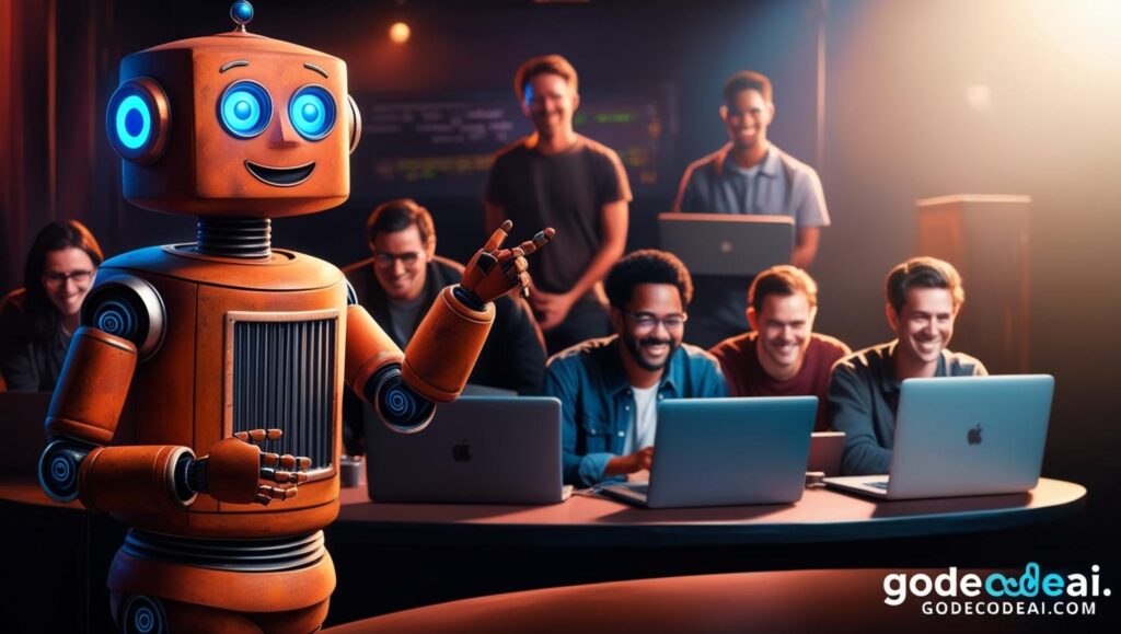 Robot at a comedy club cracking jokes while humans debug in the background