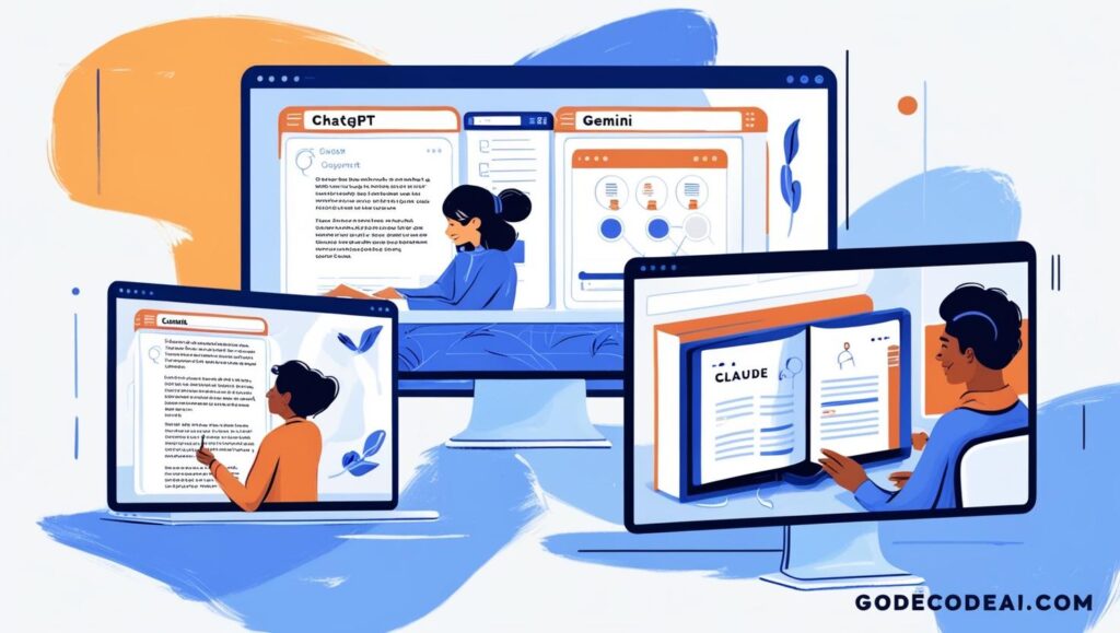 Screens showing ChatGPT writing, Gemini researching, Claude summarizing a boo