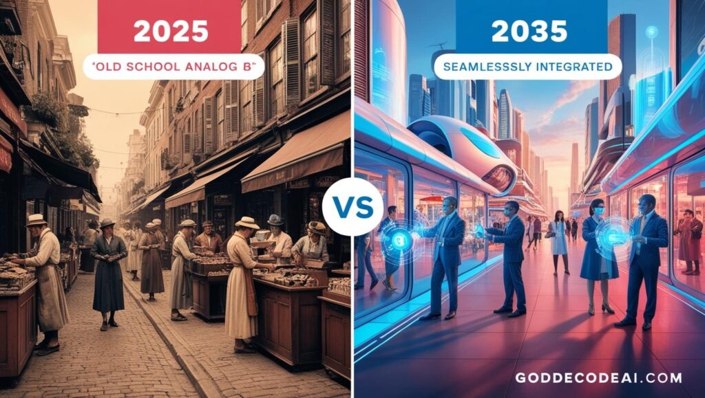 Side by side of 2025 vs. 2035 life scenes old school vs. AI augmented