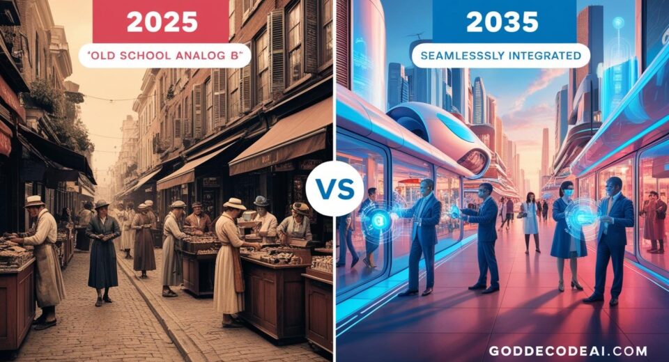 Side by side of 2025 vs. 2035 life scenes old school vs. AI augmented