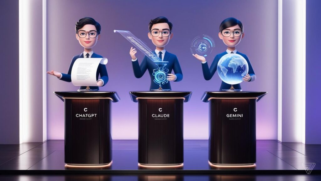 Three AI assistants (ChatGPT, Claude, Gemini) on a podium with different tools