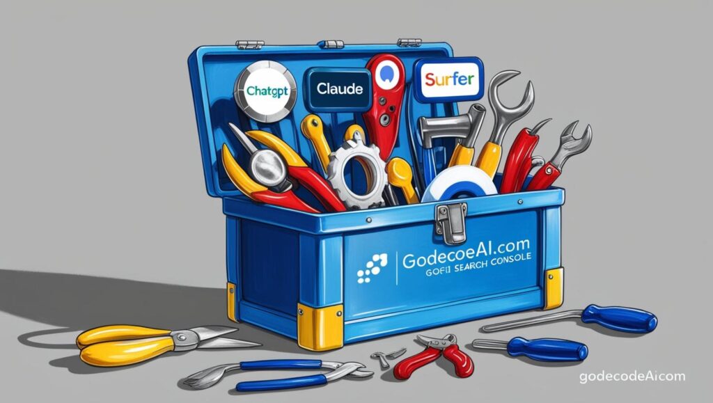 Toolbox with logos ChatGPT, Claude, Surfer, Google Search Console, etc