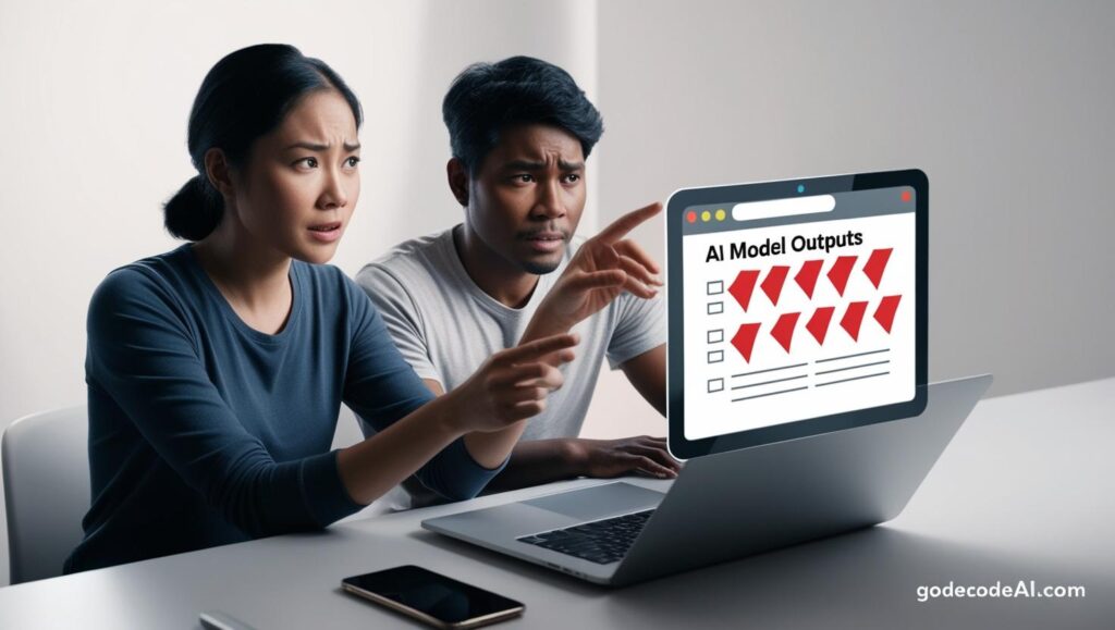 Two developers reviewing AI model outputs with concerned expressions