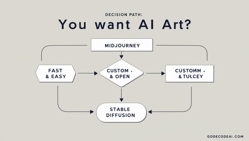 You want AI art → Fast & Easy → MidJourney Custom & Open → Stable Diffusion