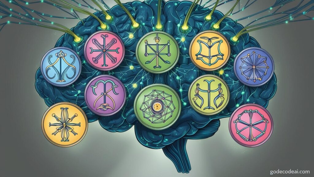 “Zodiac symbols emerging from a neural network brain illustration