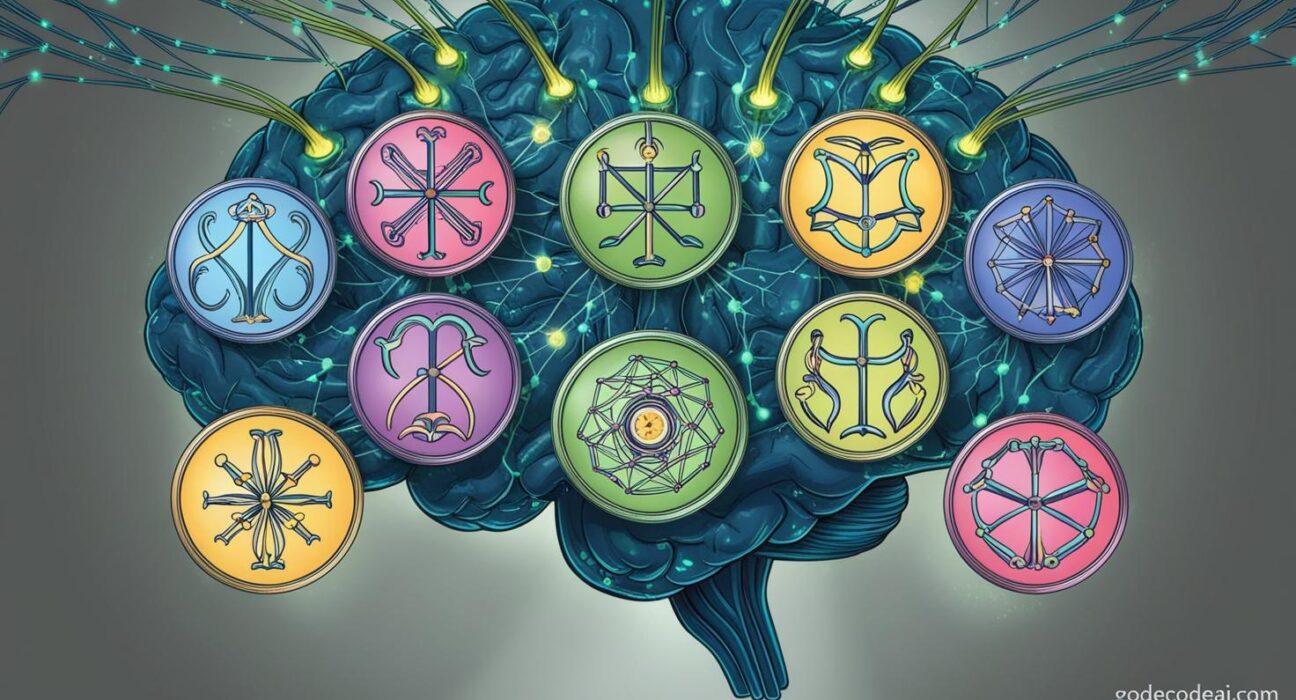 “Zodiac symbols emerging from a neural network brain illustration