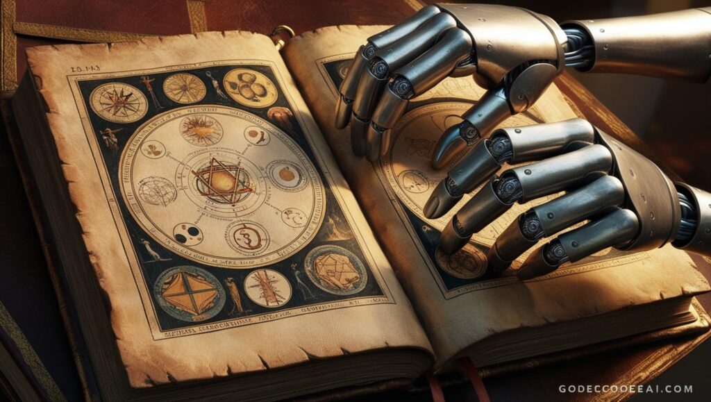 ancient book being opened by robotic hands, pages showing religious, scientific