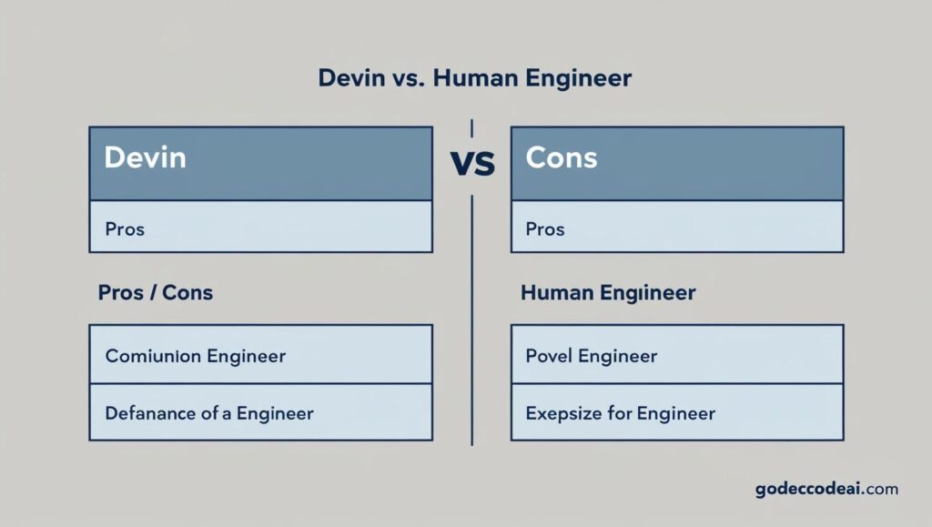 chart Devin vs Human Engineer, with pros and cons listed for each
