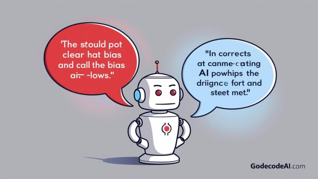 chatbot with speech bubbles — one showing biased responses, the other corrected ones, symbolizing