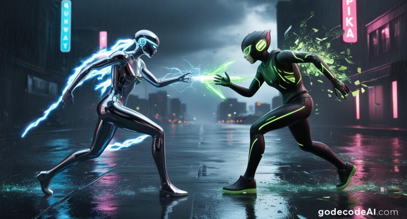 cinematic battle scene between two AI avatars, one representing Runway (sleek, polished)