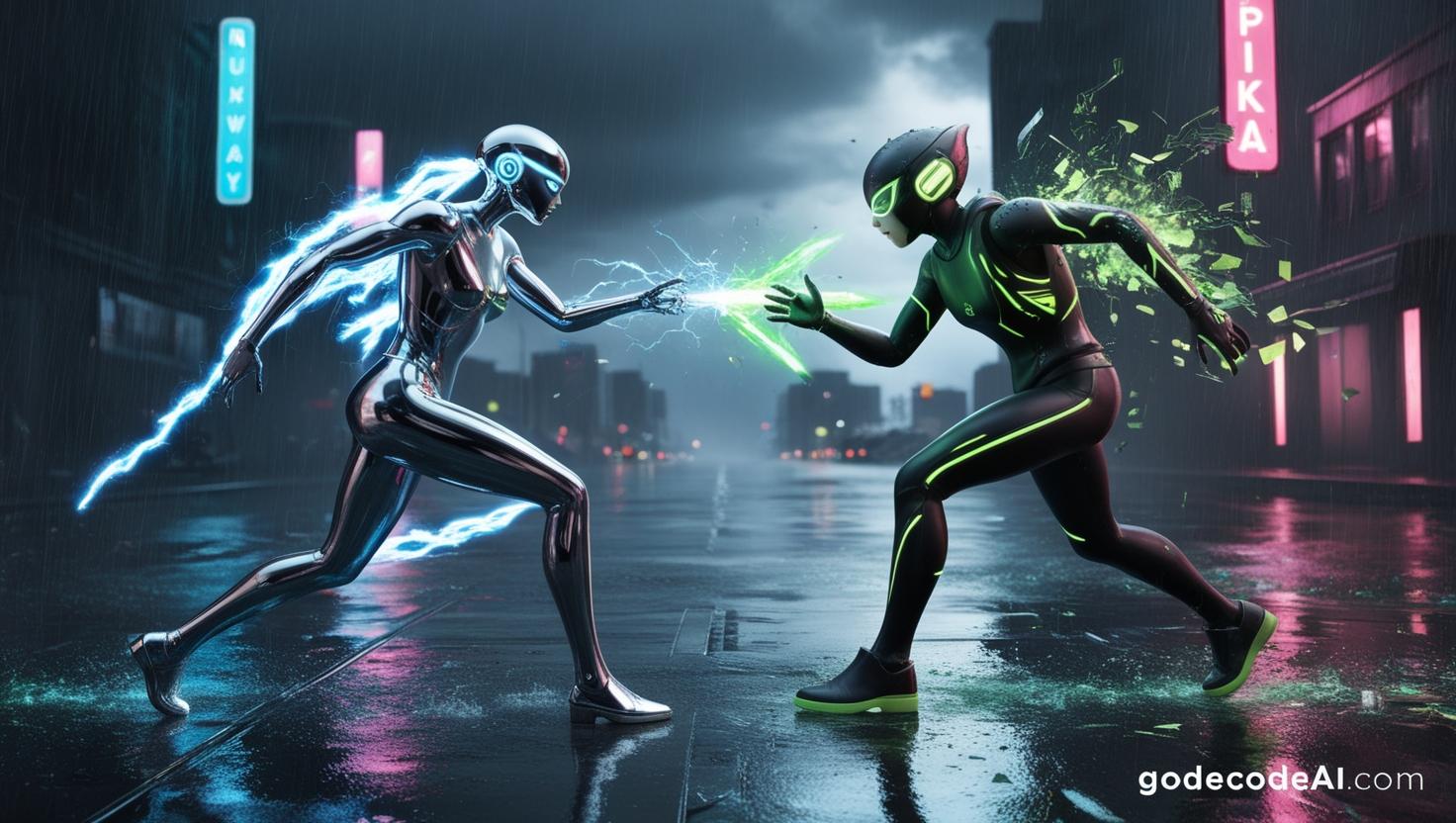 cinematic battle scene between two AI avatars, one representing Runway (sleek, polished)