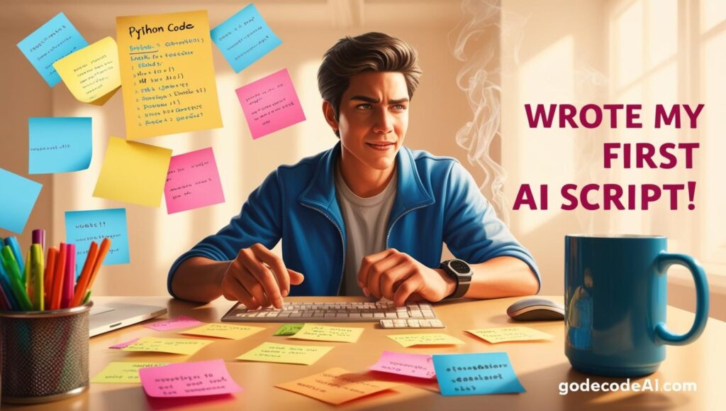 coding with sticky notes and coffee, a caption that reads