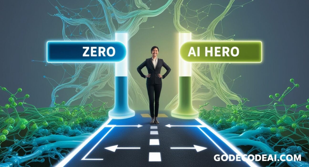 digital fork labeled “Zero” and “AI Hero” with code and neurons in the background