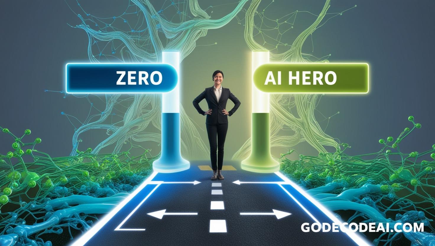 digital fork labeled “Zero” and “AI Hero” with code and neurons in the background